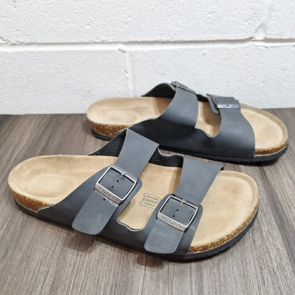 Fitory Mens Black Cork Slide Sandals Double Buckle Leather Insole Size 12 Insole